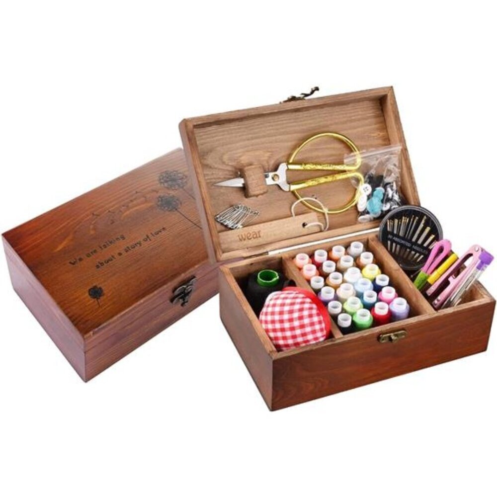 Wooden Sewing Kit Box with Complete Tools for Adults